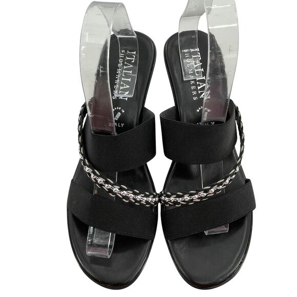 Italian Shoemakers Salena Black Slip On Ribbon Chain Trim Vamp Wedge Sandals 10 - Picture 1 of 9